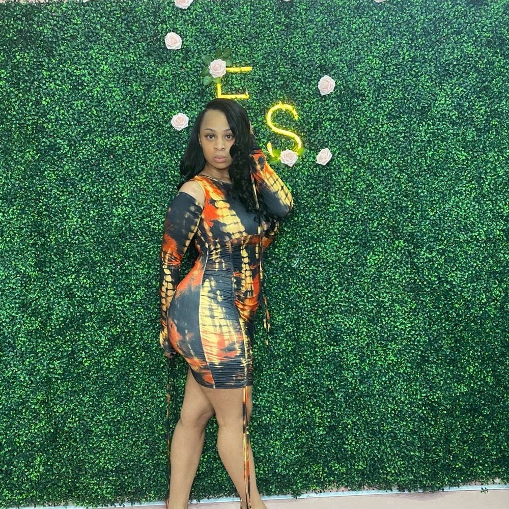 Black, Orange, and Yellow Off Shoulder Dress